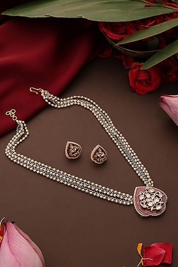 Rose Gold Finish Pink Kundan Polki Pendant Necklace Set