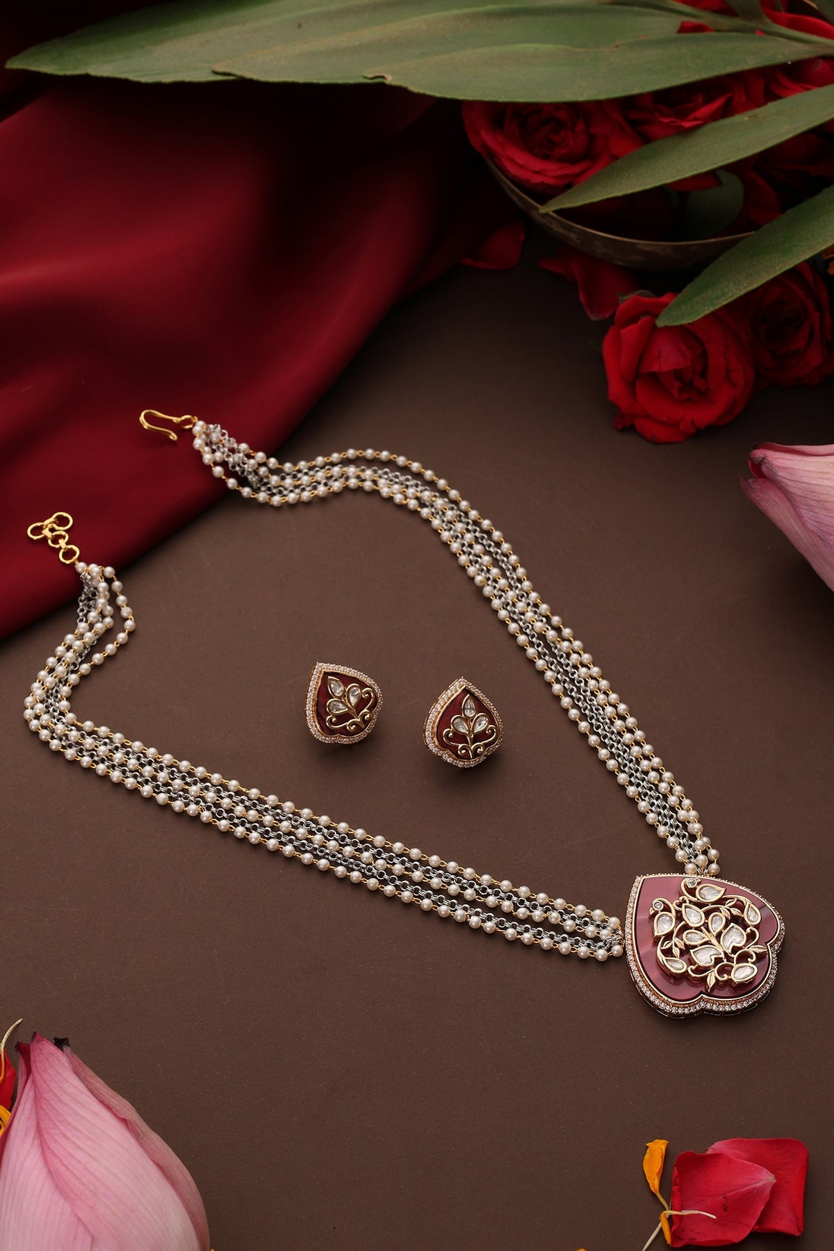 Rose Gold Finish Pink Kundan Polki Pendant Necklace Set