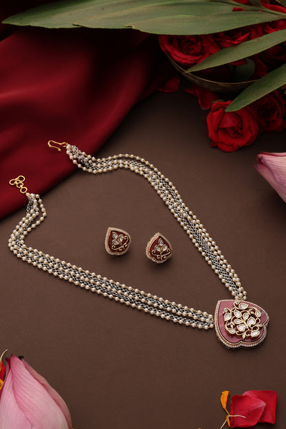 Rose Gold Finish Pink Kundan Polki Pendant Necklace Set