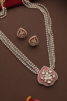 Rose Gold Finish Pink Kundan Polki Pendant Necklace Set
