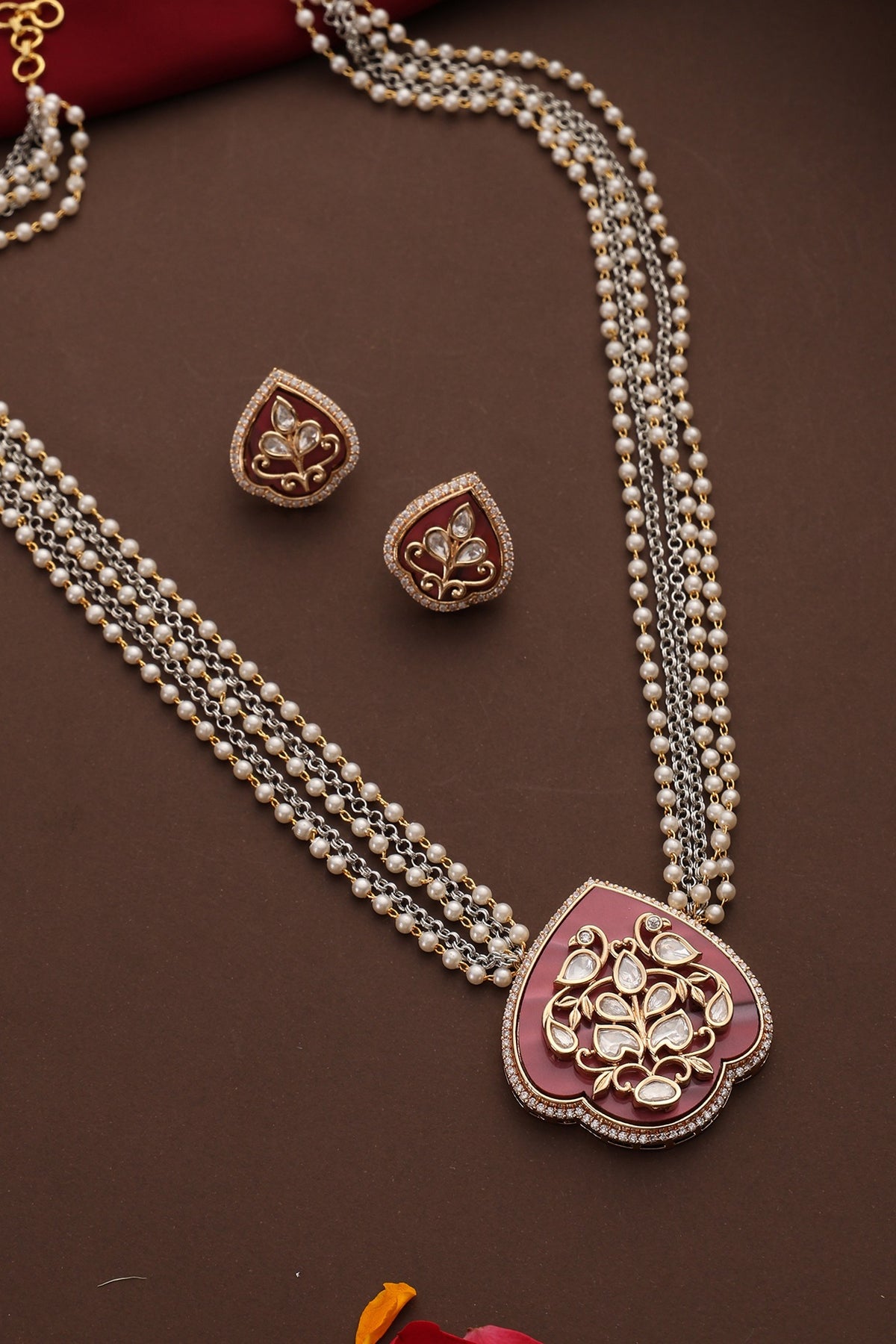 Rose Gold Finish Pink Kundan Polki Pendant Necklace Set