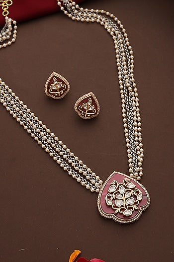 Rose Gold Finish Pink Kundan Polki Pendant Necklace Set