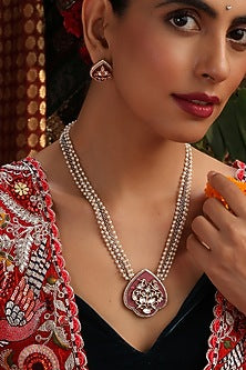 Rose Gold Finish Pink Kundan Polki Pendant Necklace Set