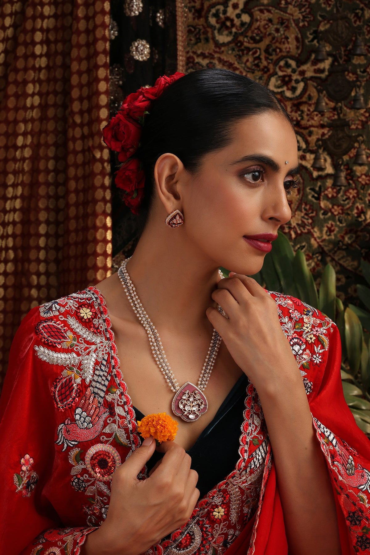 Rose Gold Finish Pink Kundan Polki Pendant Necklace Set