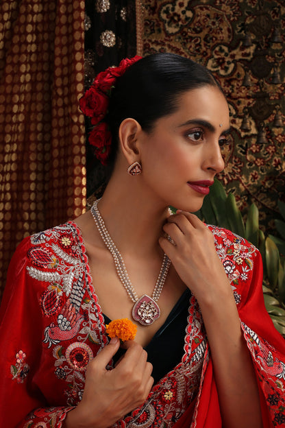 Rose Gold Finish Pink Kundan Polki Pendant Necklace Set