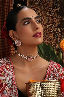 Rose Gold Finish Pink Stone & Kundan Polki Choker Necklace Set