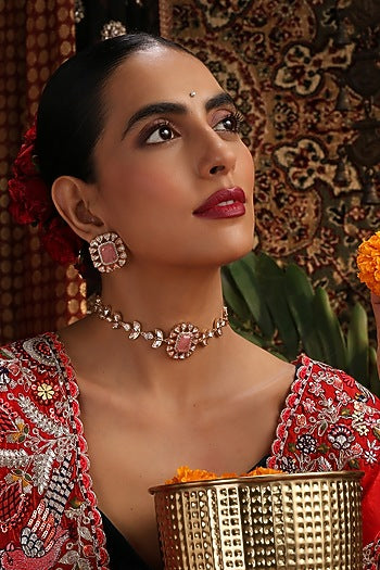 Rose Gold Finish Pink Stone & Kundan Polki Choker Necklace Set