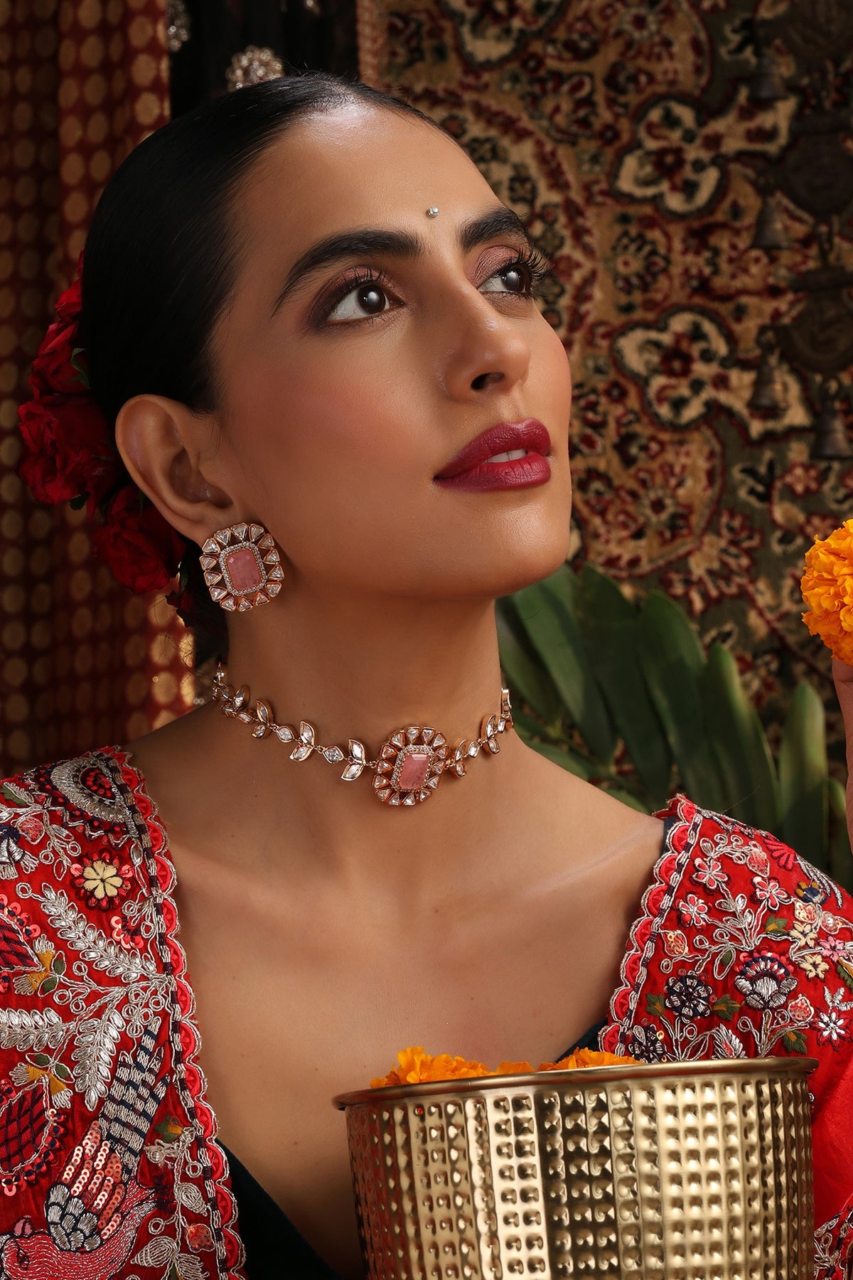 Rose Gold Finish Pink Stone & Kundan Polki Choker Necklace Set