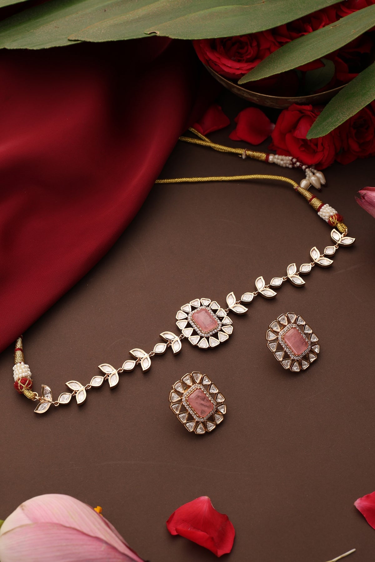 Rose Gold Finish Pink Stone & Kundan Polki Choker Necklace Set