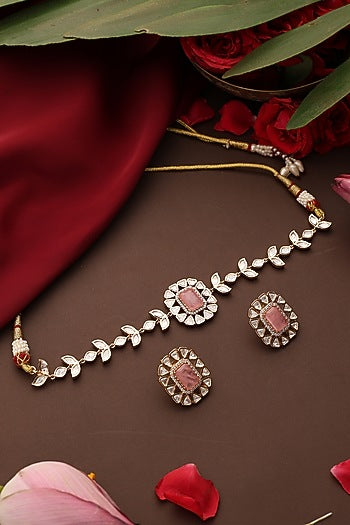 Rose Gold Finish Pink Stone & Kundan Polki Choker Necklace Set