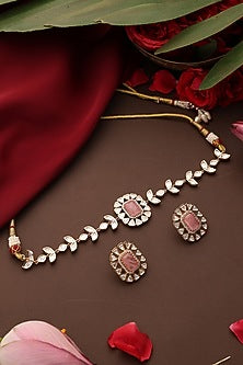Rose Gold Finish Pink Stone & Kundan Polki Choker Necklace Set