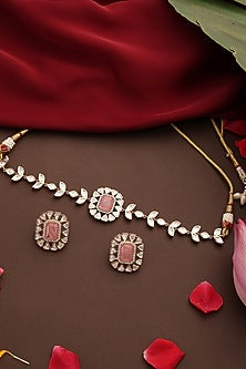 Rose Gold Finish Pink Stone & Kundan Polki Choker Necklace Set