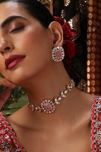 Rose Gold Finish Pink Stone & Kundan Polki Choker Necklace Set
