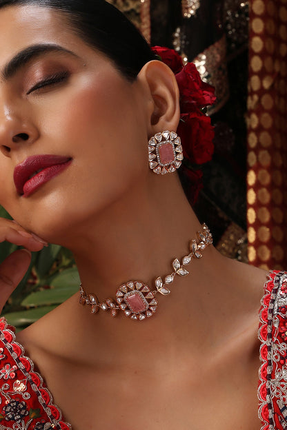Rose Gold Finish Pink Stone & Kundan Polki Choker Necklace Set