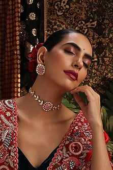 Rose Gold Finish Pink Stone & Kundan Polki Choker Necklace Set