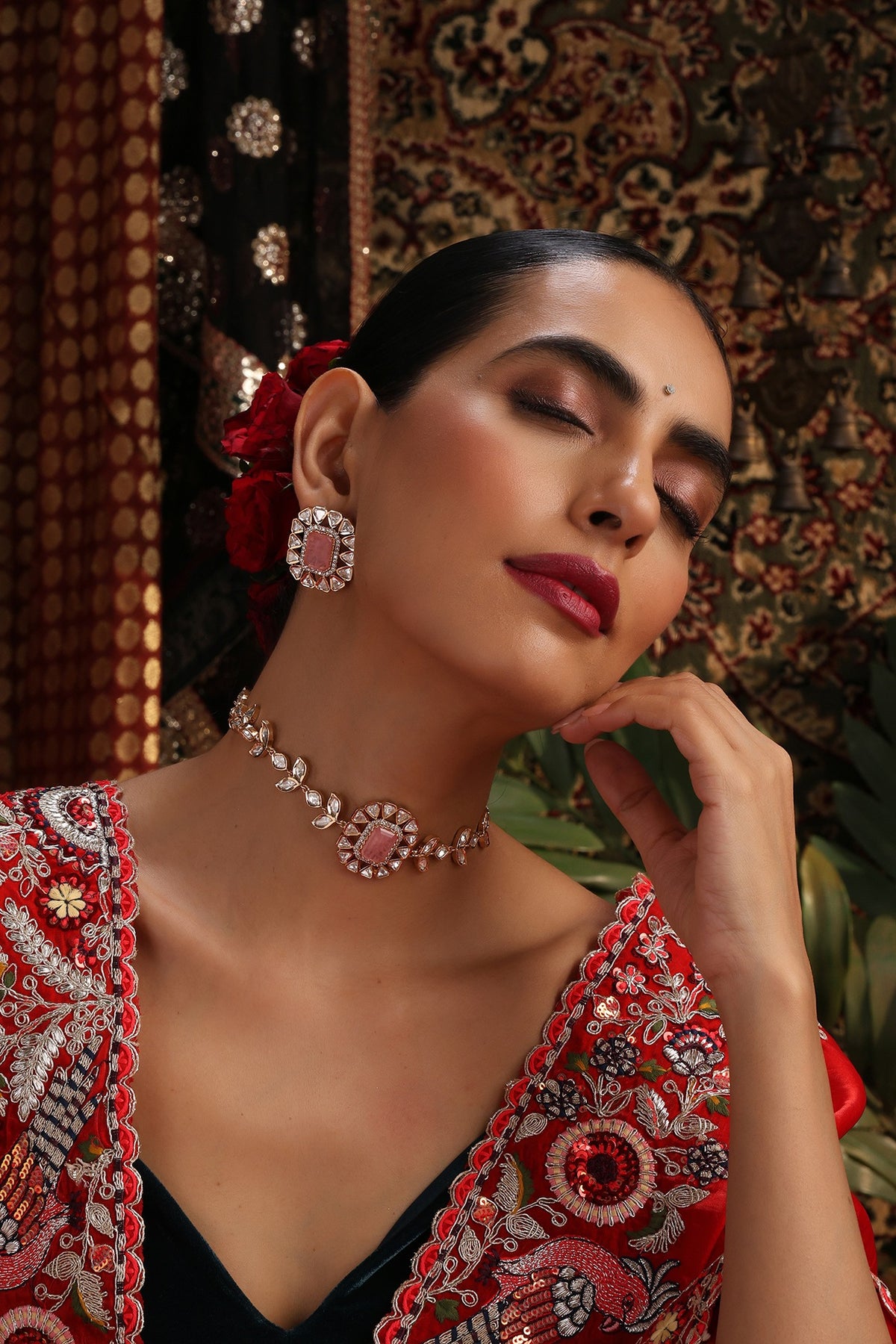 Rose Gold Finish Pink Stone & Kundan Polki Choker Necklace Set