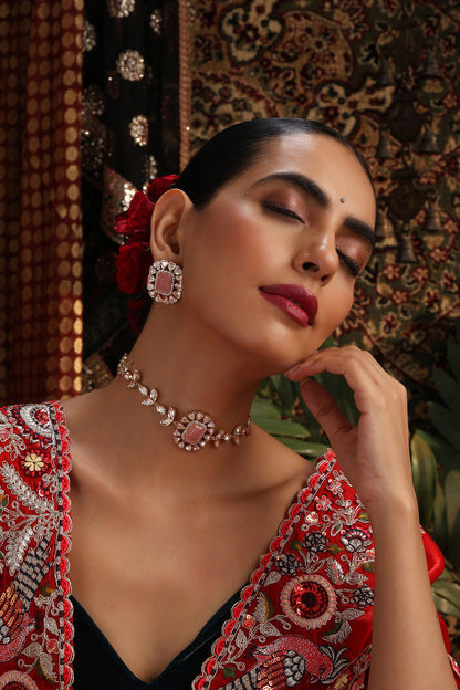 Rose Gold Finish Pink Stone & Kundan Polki Choker Necklace Set