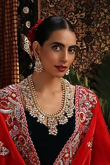 Gold Finish Multi-Colored Kundan Polki Jadau Long Necklace Set