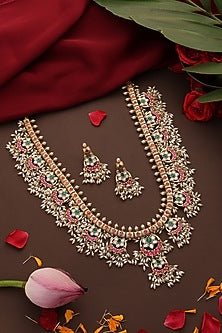 Gold Finish Multi-Colored Kundan Polki Jadau Long Necklace Set
