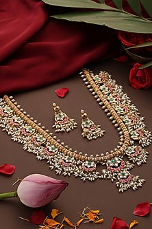 Gold Finish Multi-Colored Kundan Polki Jadau Long Necklace Set