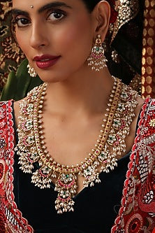 Gold Finish Multi-Colored Kundan Polki Jadau Long Necklace Set