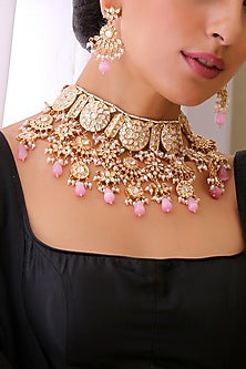 Gold Finish Stone & Pearl Choker Necklace Set