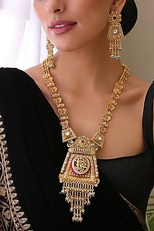 Gold Finish Kundan Polki & Pearl Long Necklace Set