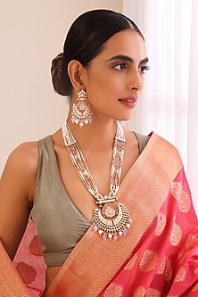 Rose Gold Finish Kundan Polki & Pearl Long Necklace Set