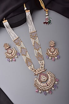 Rose Gold Finish Kundan Polki & Pearl Long Necklace Set