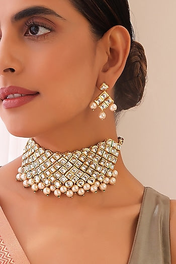 Gold Finish Kundan Polki Choker Necklace Set