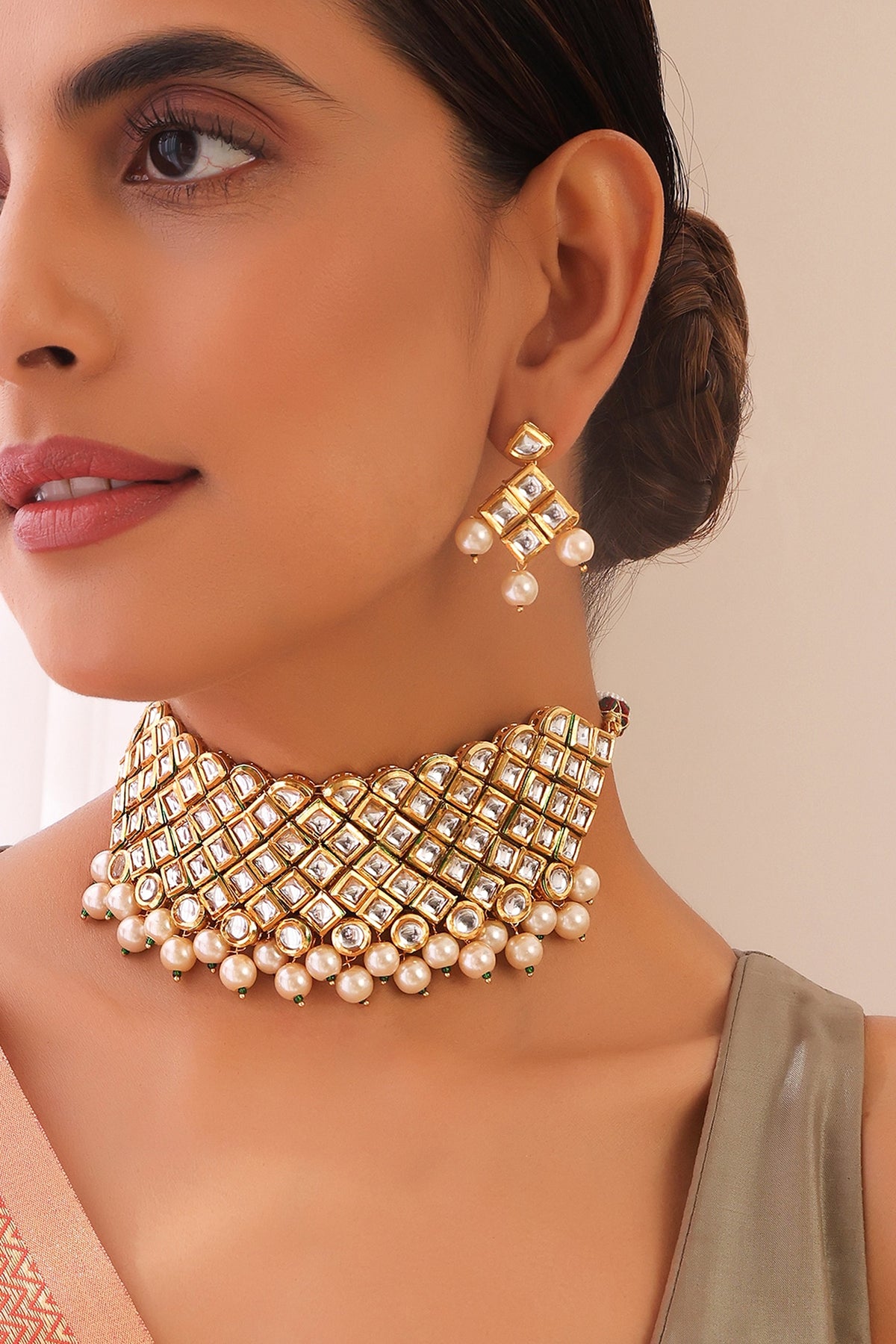 Gold Finish Kundan Polki Choker Necklace Set