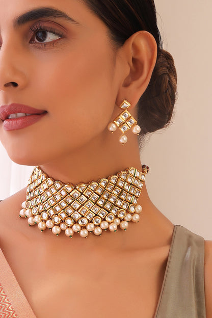 Gold Finish Kundan Polki Choker Necklace Set