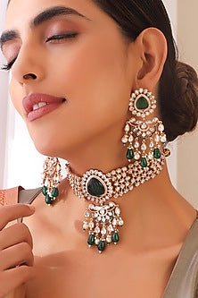 Rose Gold Finish Kundan Polki Choker Necklace Set