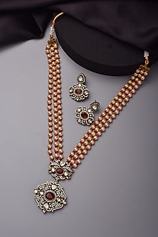 Two Tone Finish Kundan Polki Long Necklace Set
