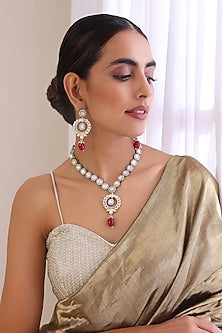 White Finish Kundan Polki Long Necklace Set
