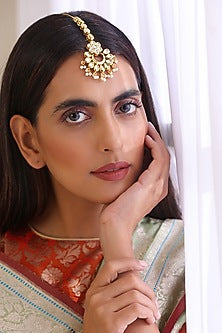 Gold Finish Kundan Polki & Pearl Maangtikka