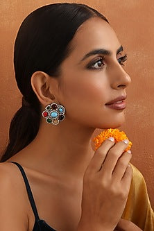 Black Rhodium Finish Multi-Colored Zircon Stud Earrings