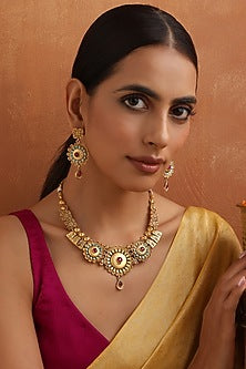 Gold Finish Multi-Colored Stone Temple Necklace Set