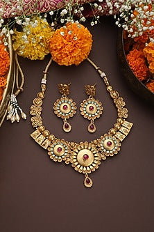 Gold Finish Multi-Colored Stone Temple Necklace Set
