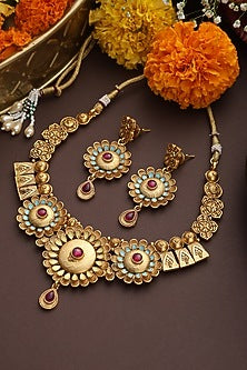 Gold Finish Multi-Colored Stone Temple Necklace Set