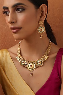 Gold Finish Multi-Colored Stone Temple Necklace Set