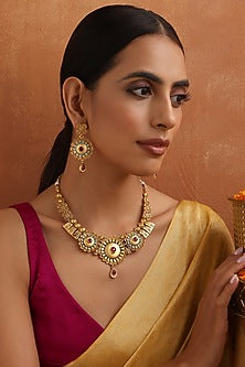 Gold Finish Multi-Colored Stone Temple Necklace Set