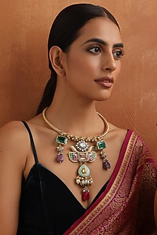 Gold Finish Multi-Colored Kundan Polki Hasli Necklace