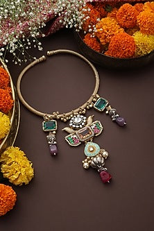 Gold Finish Multi-Colored Kundan Polki Hasli Necklace