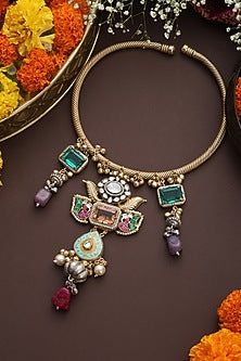 Gold Finish Multi-Colored Kundan Polki Hasli Necklace