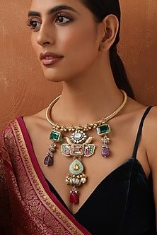 Gold Finish Multi-Colored Kundan Polki Hasli Necklace