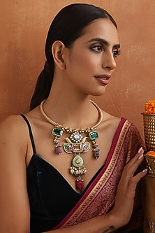 Gold Finish Multi-Colored Kundan Polki Hasli Necklace
