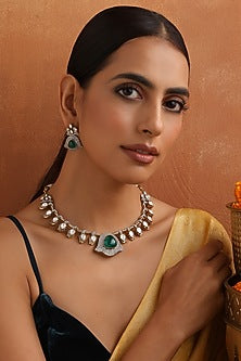 Gold Finish Kundan Polki & Emerald Necklace Set