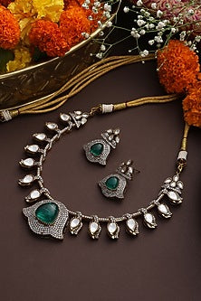 Gold Finish Kundan Polki & Emerald Necklace Set