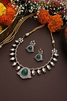 Gold Finish Kundan Polki & Emerald Necklace Set